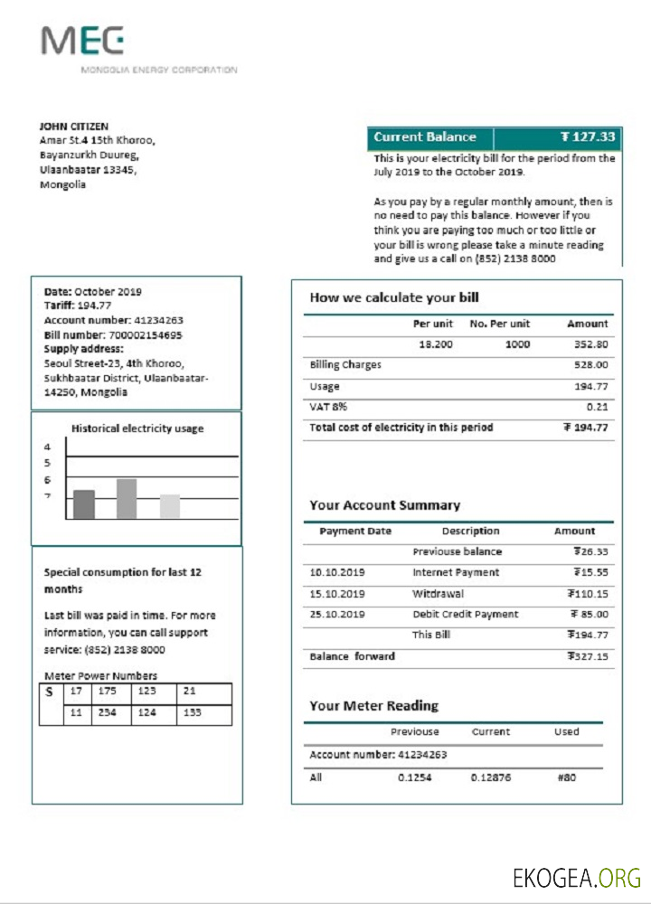 Mongolia Energy Corporation (MEC) electricity utility bill template in Word and PDF format